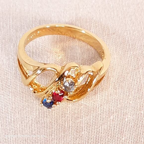 Red White Blue Stone Ring On Gold Tone Open Prong Setting Sample - Picture 3 of 7